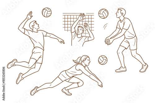 Volleyball game action with diverse male and female players. Team sport, beach and indoor competition concept. Vector illustration.