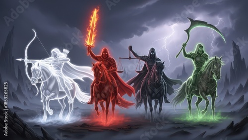 A dramatic depiction of the Four Horsemen of the Apocalypse riding across a dark, craggy landscape under a stormy sky filled with bolts of lightning.