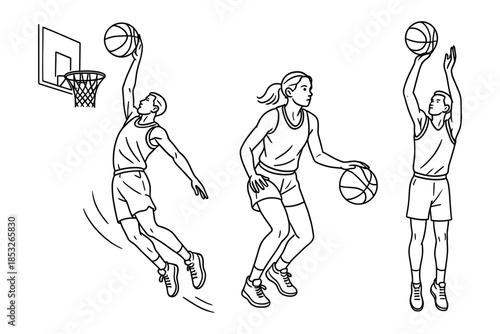 Basketball game with African American male dunking, female player dribbling, and male shooter. Urban sport, school league and streetball concept. Vector illustration.