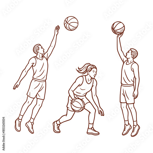 Basketball players in action with male jump shot, female dribbling and layup. Team sport, youth training and urban competition concept. Vector illustration.