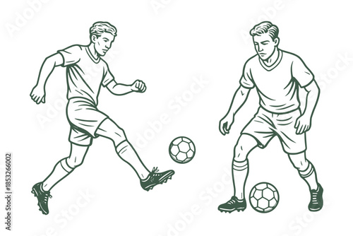 Two male soccer players practicing dribbling and kicking. Football training, youth sport and match preparation concept. Vector illustration.