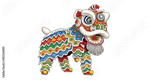 Colorful lion dance costume on white background cultural celebration traditional performance.
