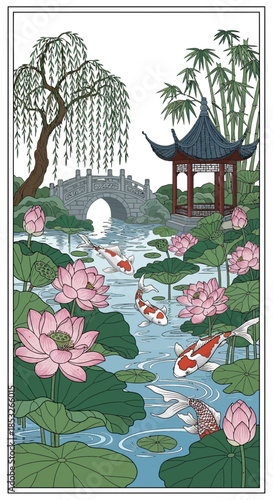 Illustration of a serene pond with lotus flowers bridge and oriental pavilion.