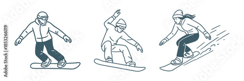 Snowboarders carving and jumping on snowy slopes. Winter extreme sport, snowboarding tricks and outdoor adventure concept. Vector illustration.