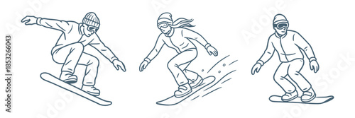 Group of snowboarders carving, jumping and riding on snow. Winter extreme sport, mountain activity and freestyle snowboarding concept. Vector illustration.