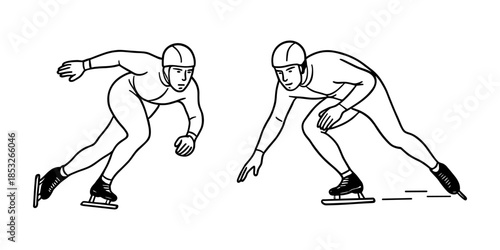 Speed skaters racing in full gear on ice track. Winter sport, fast competition and athletic training concept. Vector illustration.