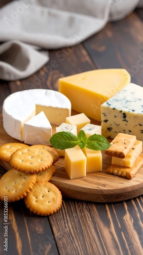 Cheese and crackers on a wooden board
