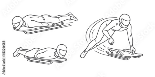 Athletes performing skeleton racing on ice track. Winter sport with high-speed sledding in prone position. Vector illustration.