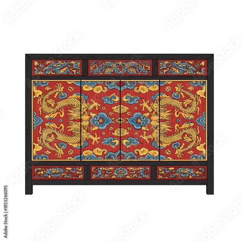 Ornate red and gold panel with dragon design in a dark frame.
