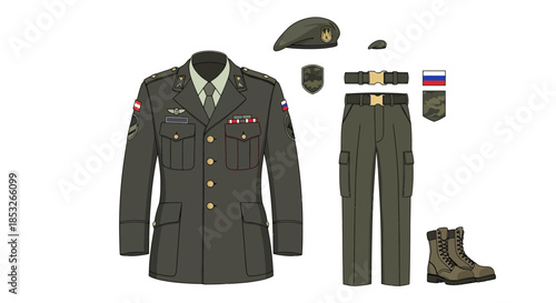 Military uniform including jacket pants boots beret and medals on white background.
