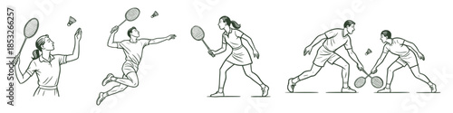 Players engaging in various badminton actions such as smashing, diving, and teamwork. Fast-paced racquet sport played with shuttlecocks. Vector illustration.