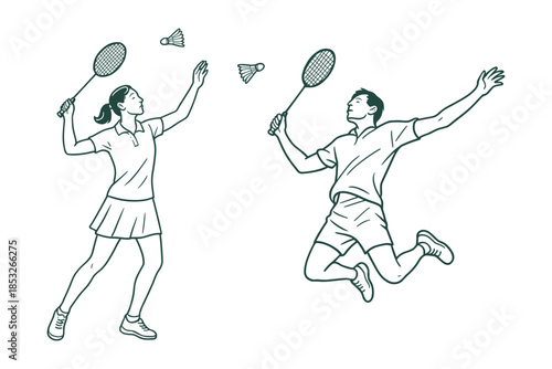 Male and female badminton players jumping and preparing to hit shuttlecocks with rackets. Dynamic racquet sport focused on agility and precision. Vector illustration.