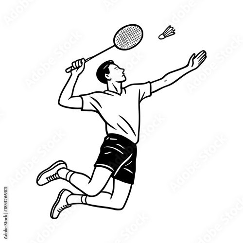 Badminton player mid-air preparing to smash a shuttlecock with a racket. High-energy moment in a fast-paced racquet sport. Vector illustration.