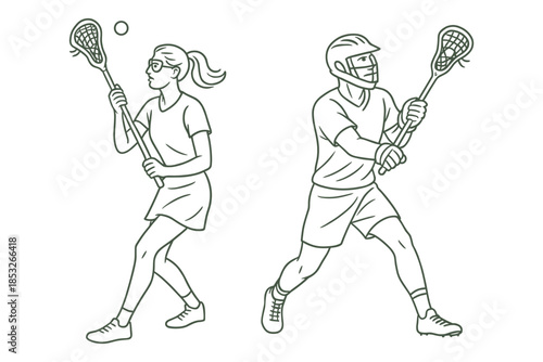 Two lacrosse players — a woman wearing goggles and a man in a helmet — holding sticks during gameplay. Team sport action scene. Vector illustration.