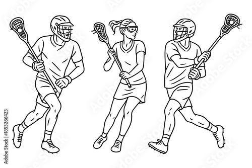 Three lacrosse players — two men wearing helmets and one woman with protective eyewear — holding lacrosse sticks during a game. Team sport action. Vector illustration.