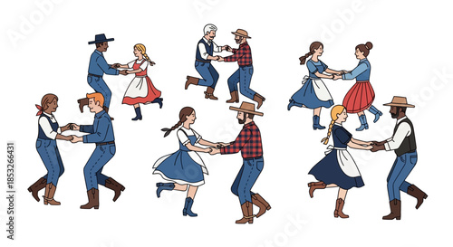 Couples dancing in a circle wearing old-fashioned clothing on a white background.
