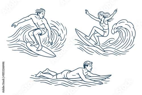 Three surfers in action — two riding waves and one paddling on a surfboard. A dynamic water sport scene showing skill, balance, and motion. Vector illustration.