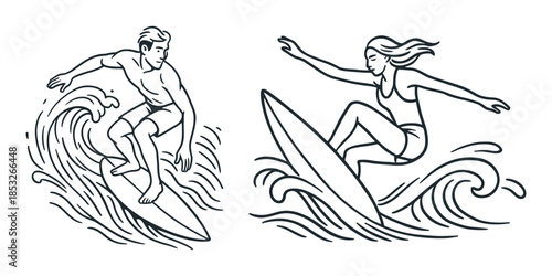 Male and female surfers riding ocean waves on surfboards. Dynamic vector illustration of water sports, balance, and athleticism in action.