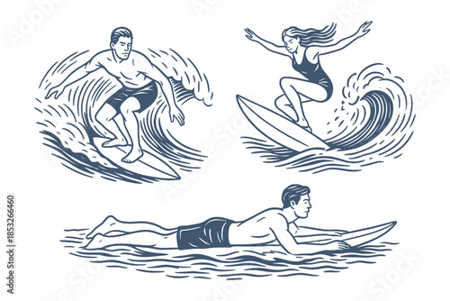 Three surfers — two riding waves and one paddling on a surfboard. Male and female athletes performing in an ocean setting. Vector illustration of a water sport.
