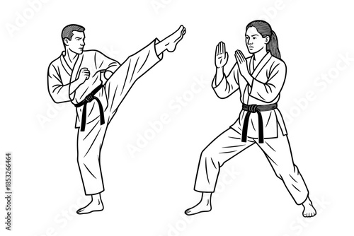 Two martial artists practicing techniques — one performing a high kick, the other in a defensive stance. Both wear traditional uniforms and black belts. Vector illustration.