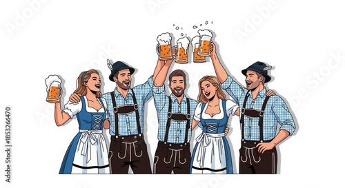 People in traditional clothing toasting with beer mugs on a white background.