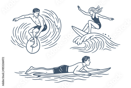 Set of three surfers: a man riding a wave, a woman catching air on her board, and another man paddling on his stomach. Dynamic vector illustration with stylized waves.