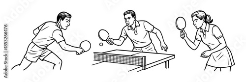 Illustration of three players engaged in a table tennis game. Two men and one woman playing with paddles and a ball over a net. Vector line art of an indoor sport.