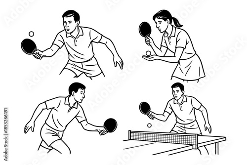 Set of four illustrations showing men and a woman playing table tennis. Different poses include serving, hitting, and playing over the net. Vector line art of indoor sport.