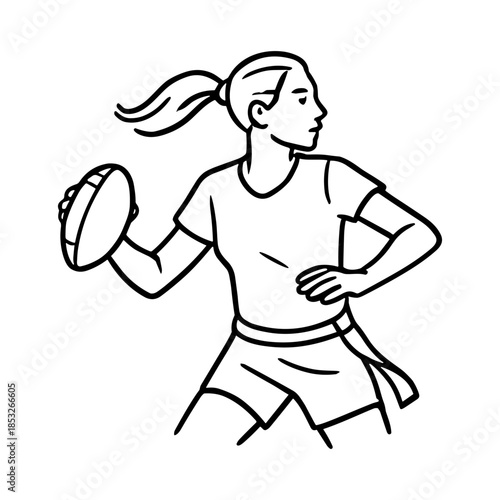 Vector illustration of a female athlete playing flag football. She is in motion, holding a football and preparing to throw
