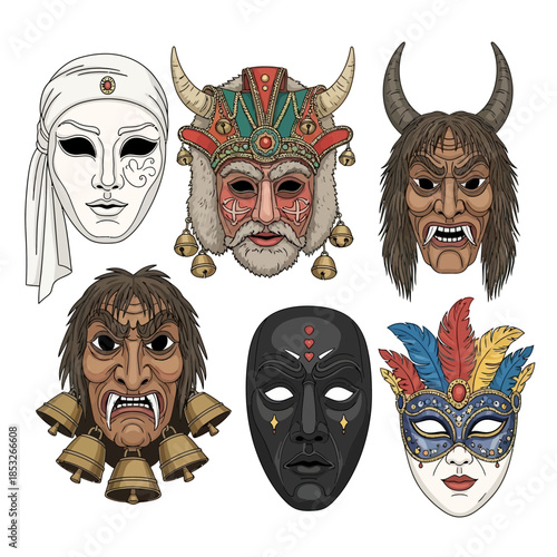 Six diverse masks are displayed in a grid arrangement on a white background.