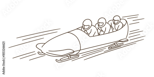 Vector illustration of a bobsleigh team racing down an icy track. The image shows three athletes in a streamlined sled, wearing helmets and leaning forward for maximum speed and aerodynamics.