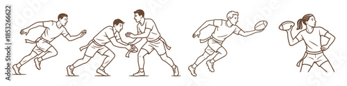 Vector illustration of people playing flag football. Includes men and women running, passing, and defending with flags on their waists. Emphasizes teamwork, motion, and competitive spirit.