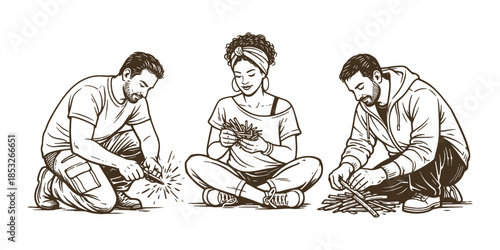 Vector illustration of three people preparing to build a campfire