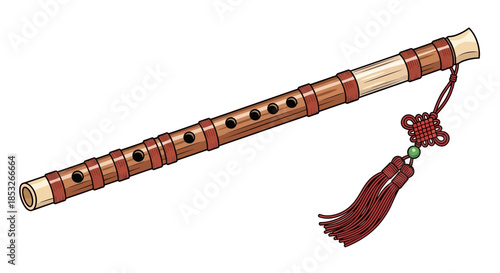 Bamboo flute with red tassel isolated on white background.