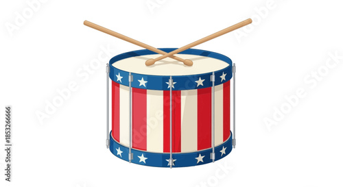 Drum with american flag pattern and drumsticks on white background.