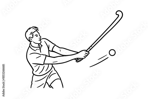 Vector illustration of a male field hockey player swinging his stick to hit a ball. The athlete is in mid-motion, showing focus and athletic form in a dynamic sports action scene.