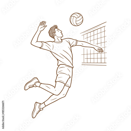 Vector illustration of a male volleyball player jumping to spike the ball over the net. The athlete is mid-air with one arm raised, preparing for a powerful attack in an indoor volleyball match.