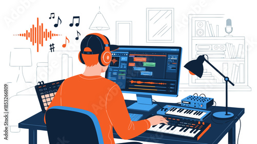 Creative person wearing headphones working on digital audio workstation software on computer, surrounded by music production equipment