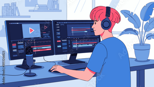Illustration of a young person editing a video with headphones on, using a computer with multiple monitors and a microphone