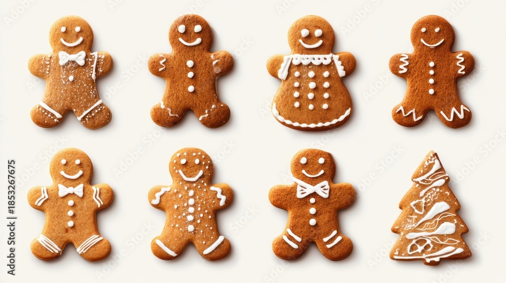 Fototapeta premium Cookies made of gingerbread are laid out in a neat pattern. Each cookie has different decorations showing holiday themes. This scene highlights festive baking.
