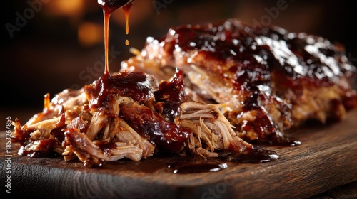 A large piece of slow cooked pork sits on a wooden board. Barbecue sauce is drizzled over the meat. The setting is warm and inviting perfect for a dinner gathering.