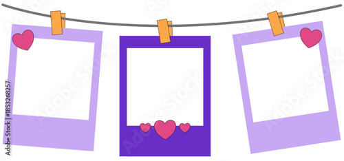Purple and Lavender Instant Photo Frame Garland with Heart Accents and Clothespin Clips for Digital Memory Keeping
