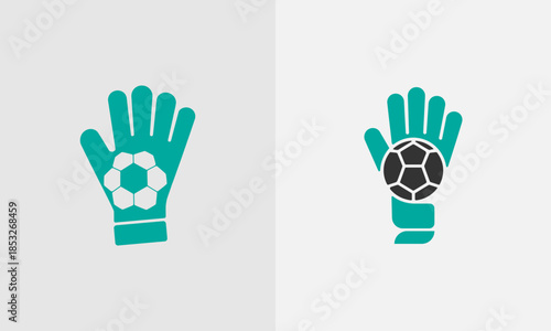 Two teal gloves with soccer ball patterns on the palms hand