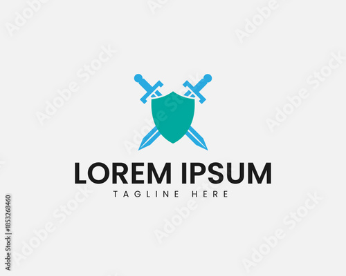 Two crossed swords behind a green shield with blue accents and text lorem ipsum tagline here