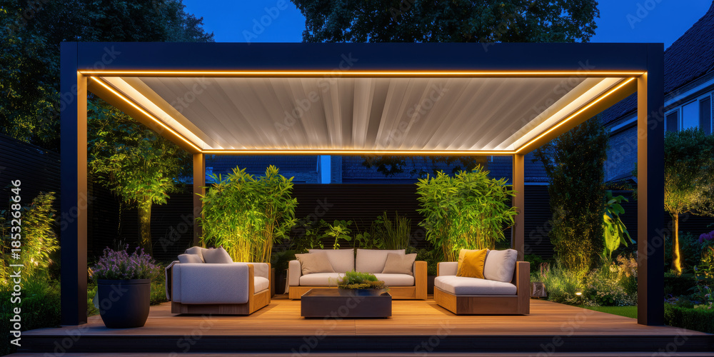 Naklejka premium Modern illuminated pergola creating evening outdoor living space