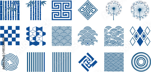Blue and white oriental pattern collection with bamboo wave and geometric tiles for traditional asian decorative background and textile design