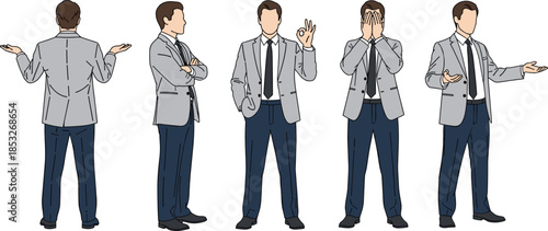 Businessman character set with various poses and hand gestures for corporate presentation professional office worker in flat vector illustration style
