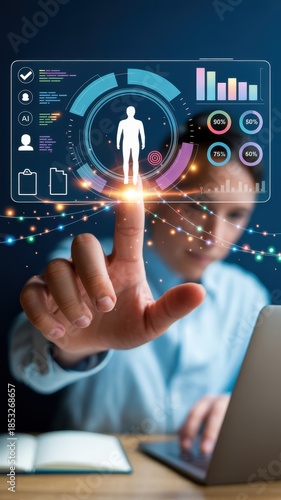 Man interacting with futuristic digital interface showing health and biometric data, blending technology and innovation for modern healthcare and personal monitoring concept