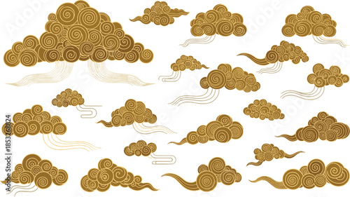 Collection of traditional golden Japanese clouds with spiral patterns and wind lines isolated on white background for oriental luxury design.
