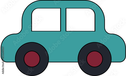 Green Turquoise Toy Car Illustration with Maroon Hubcaps and Transparent Windows for Nursery Playroom Graphics